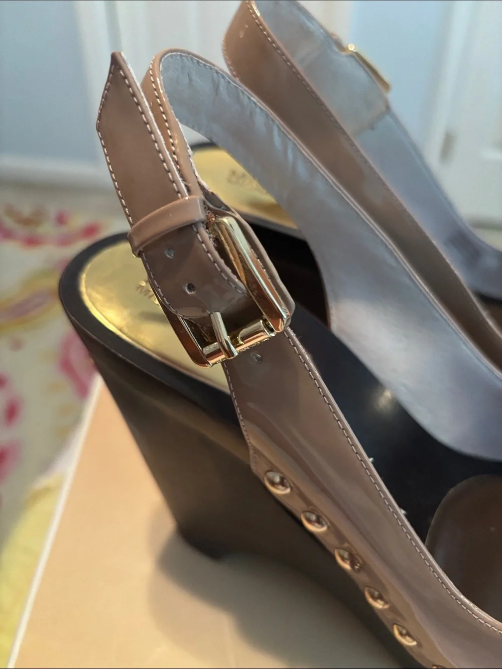 Michael Kors Tan Patent Leather Platform Slingback Sandals with Gold MK Hardware